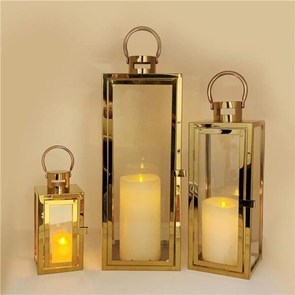 3-PC Lantern Set 23 Inch Jumbo Deluxe Modern Candle Lantern Set Stainless Steel - Picture 3 of 7